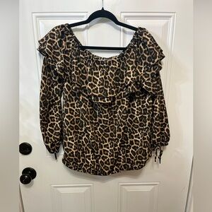 Michael Kors Leopard Print Ruffle Peasant Blouse Large